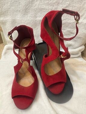 Christian Siriano Red Suede Cutout Ankle-Strap Heels